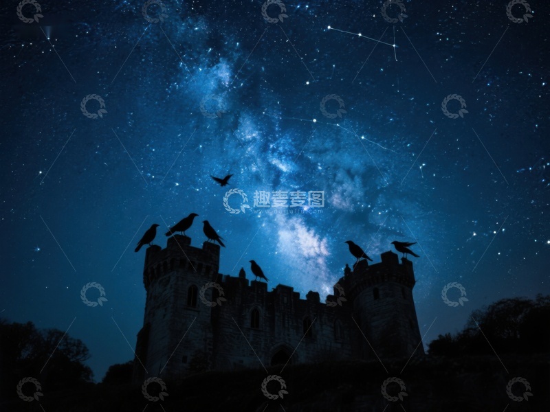 高清大图下载【趣麦麦图】夜空下的古堡与飞翔的鸟群
