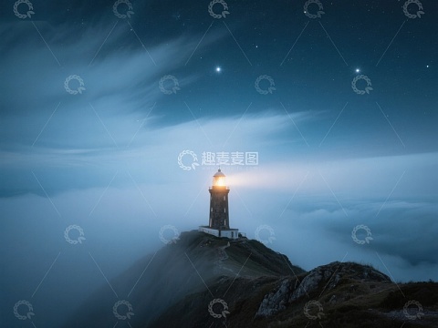 夜幕下的灯塔照亮云海
