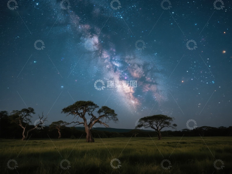 高清大图下载【趣麦麦图】银河横跨夜空，草原树木静谧