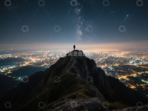 夜空下山顶俯瞰城市