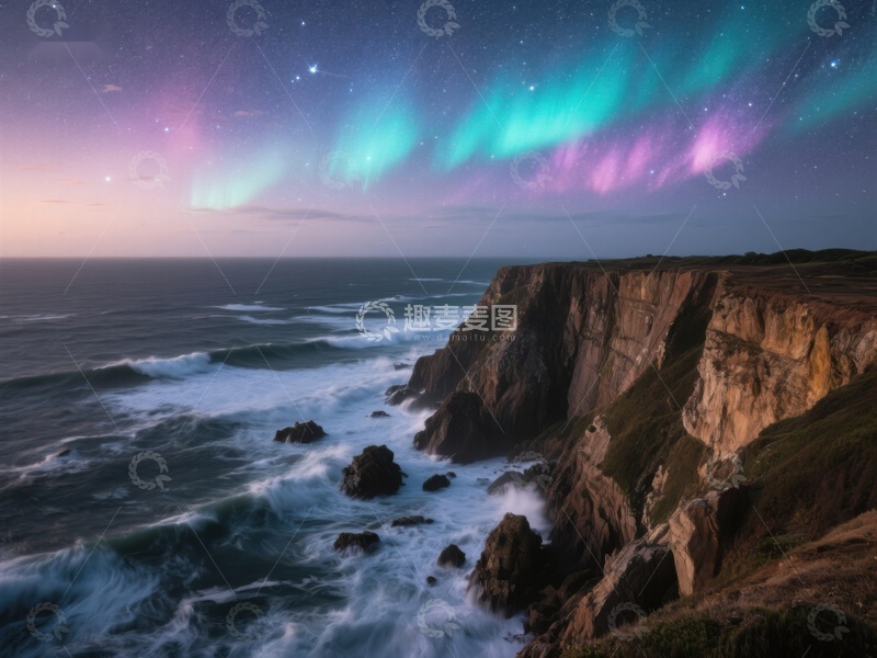 高清大图下载【趣麦麦图】极光下的海岸悬崖