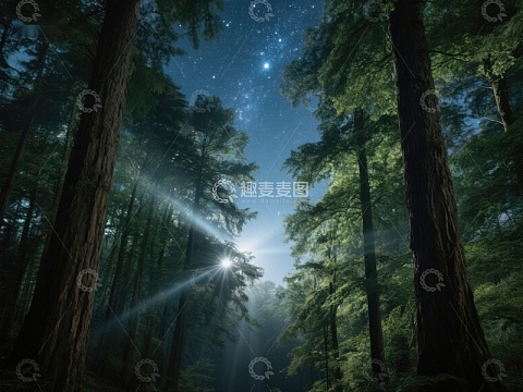 星光穿透森林夜景