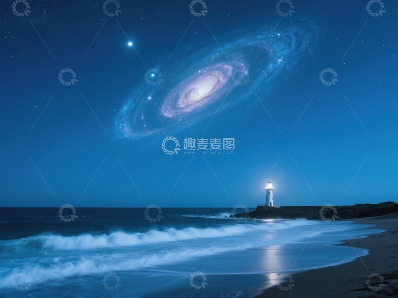 高清大图下载【趣麦麦图】夜空下的灯塔与星系