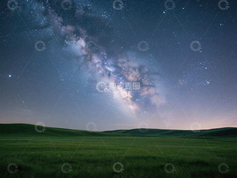 高清大图下载【趣麦麦图】银河横跨夜空，绿野静谧无垠