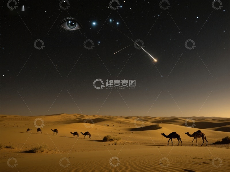 高清大图下载【趣麦麦图】沙漠夜景：流星划过，骆驼行进