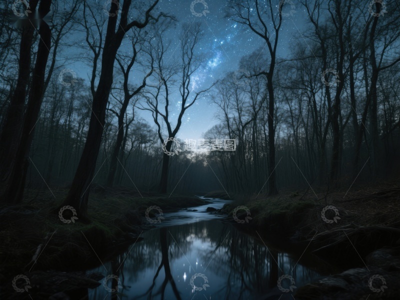 高清大图下载【趣麦麦图】夜幕森林溪流，星光闪烁