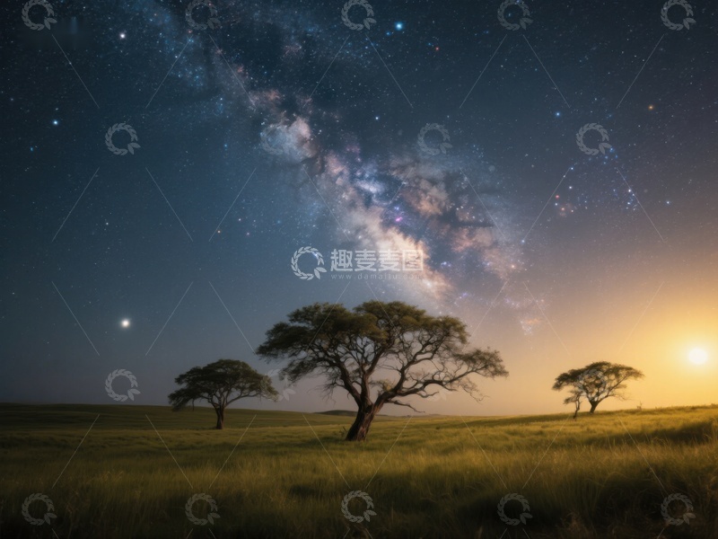 高清大图下载【趣麦麦图】星空下的草原与孤树