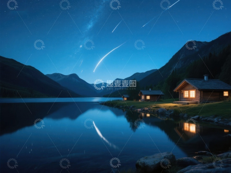 高清大图下载【趣麦麦图】夜空流星划过湖畔木屋