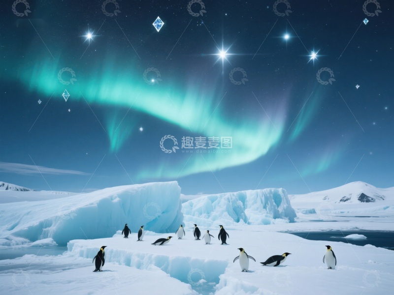 高清大图下载【趣麦麦图】极地企鹅与极光