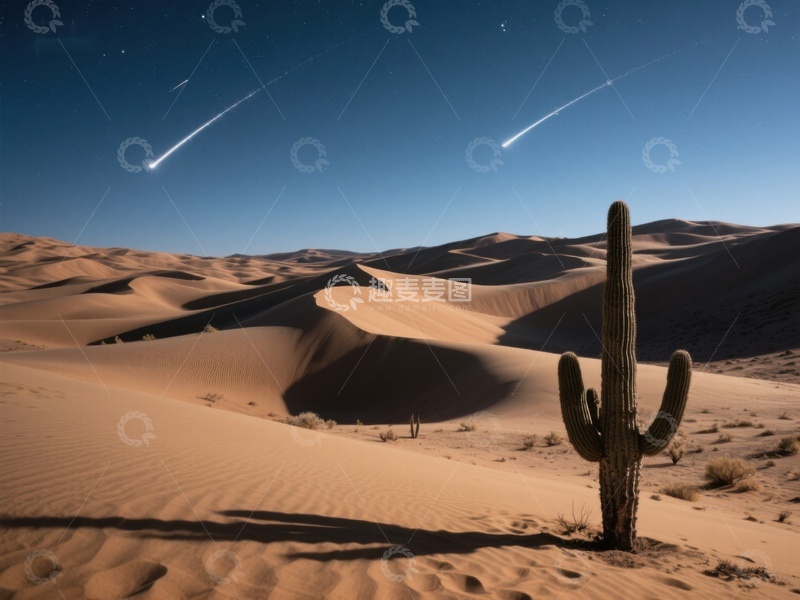 高清大图下载【趣麦麦图】沙漠夜景：流星划过星空