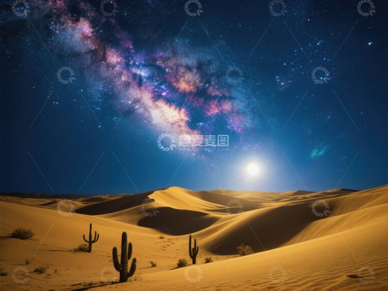 高清大图下载【趣麦麦图】沙漠夜景：星空与沙丘的壮丽