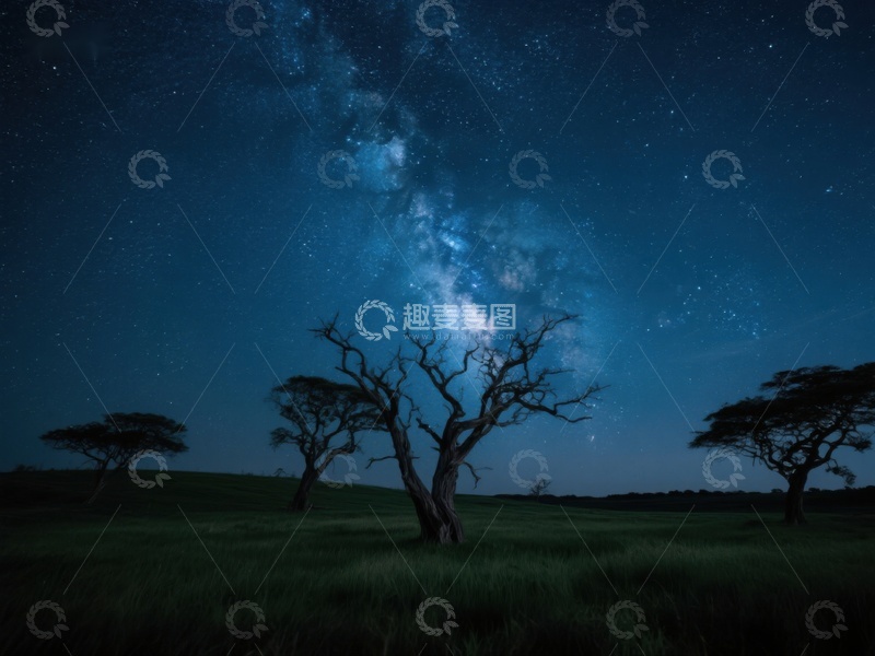 高清大图下载【趣麦麦图】夜空下的孤树与银河