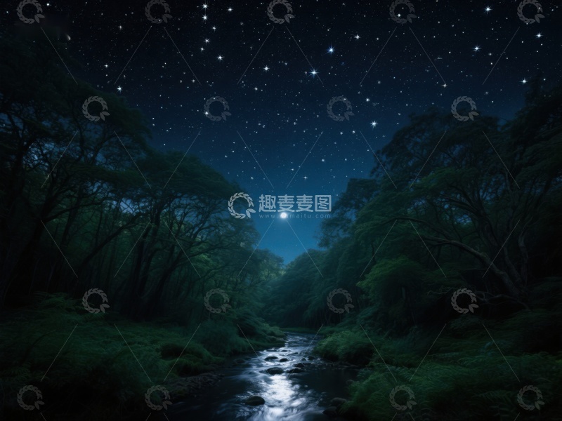 高清大图下载【趣麦麦图】夜空下的森林溪流