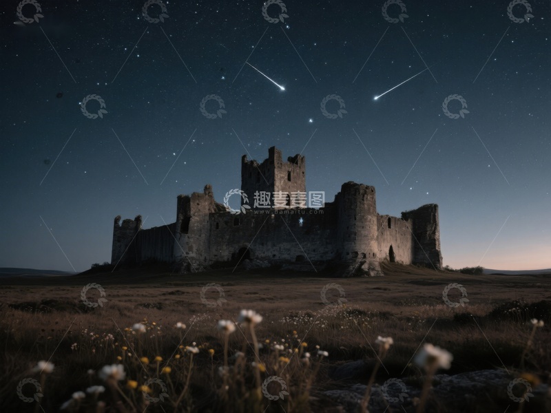 高清大图下载【趣麦麦图】夜空流星划过古堡