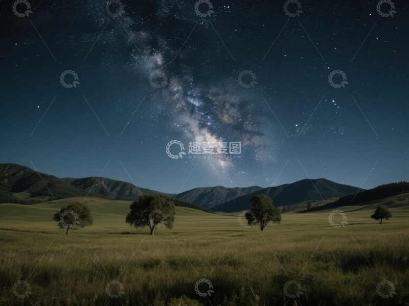 高清大图下载【趣麦麦图】银河横跨夜空下的宁静草原