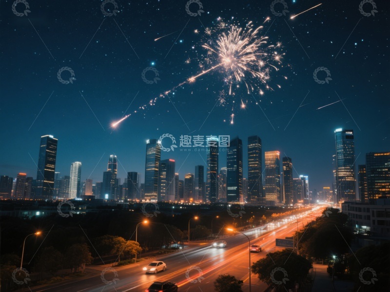 高清大图下载【趣麦麦图】夜空烟花下的城市景观