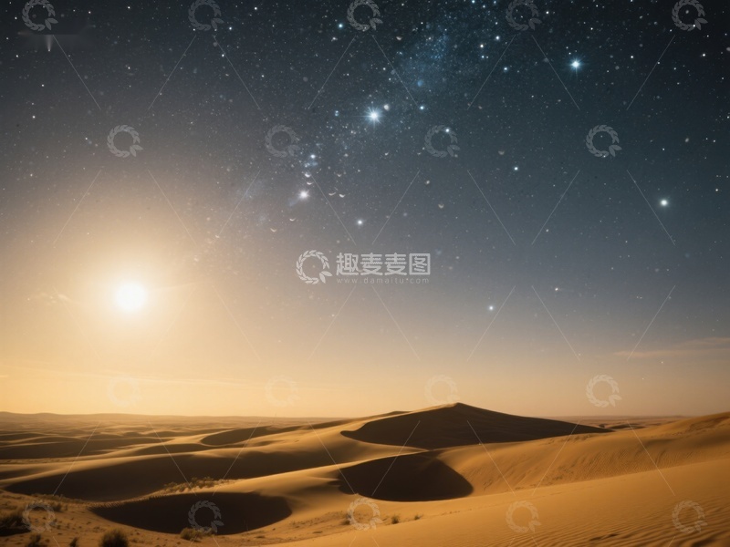 高清大图下载【趣麦麦图】沙漠夜景：星空与月光下的沙丘