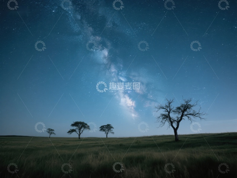 高清大图下载【趣麦麦图】星空下的孤树与草原