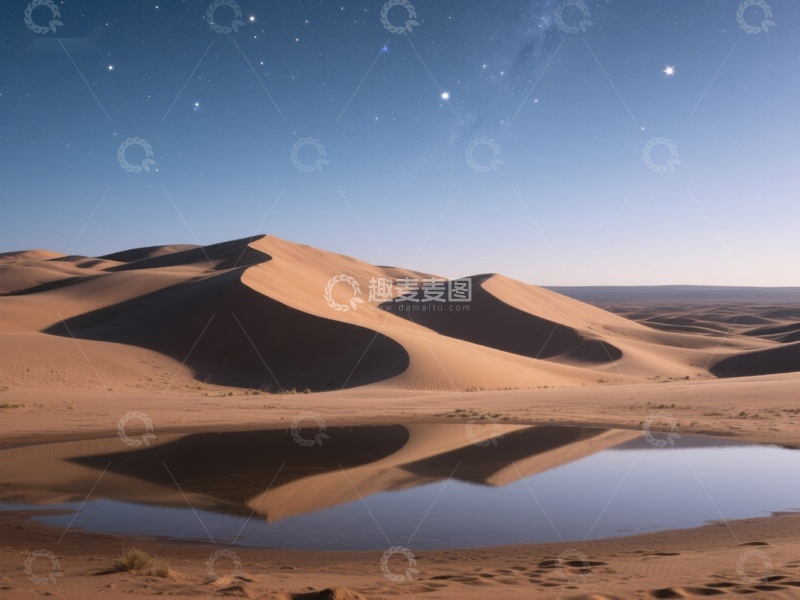 高清大图下载【趣麦麦图】沙漠夜景：沙丘与星空倒映水面