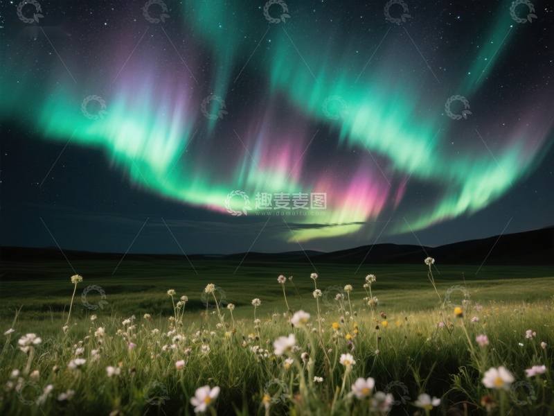 高清大图下载【趣麦麦图】极光下的花田夜景