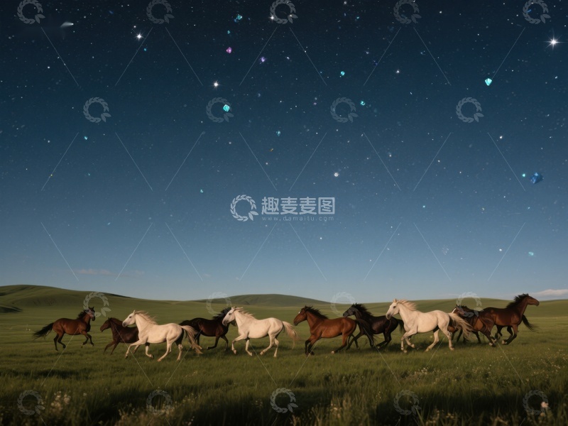高清大图下载【趣麦麦图】-星空下奔跑的马群