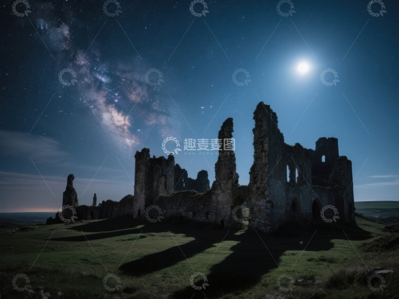 高清大图下载【趣麦麦图】月夜下的古老废墟与银河