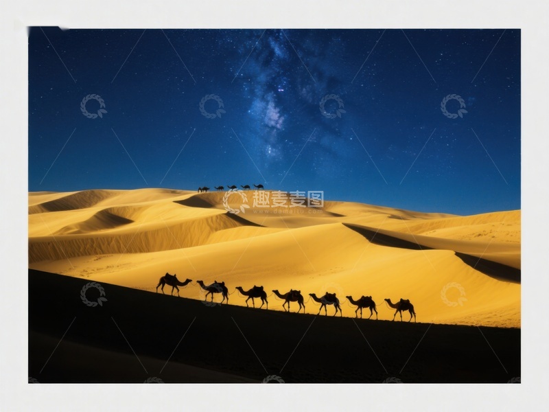 高清大图下载【趣麦麦图】沙漠夜景：骆驼队剪影与星空