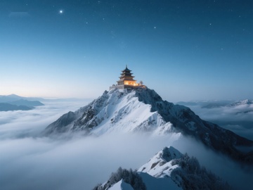 夜幕下的山顶古塔