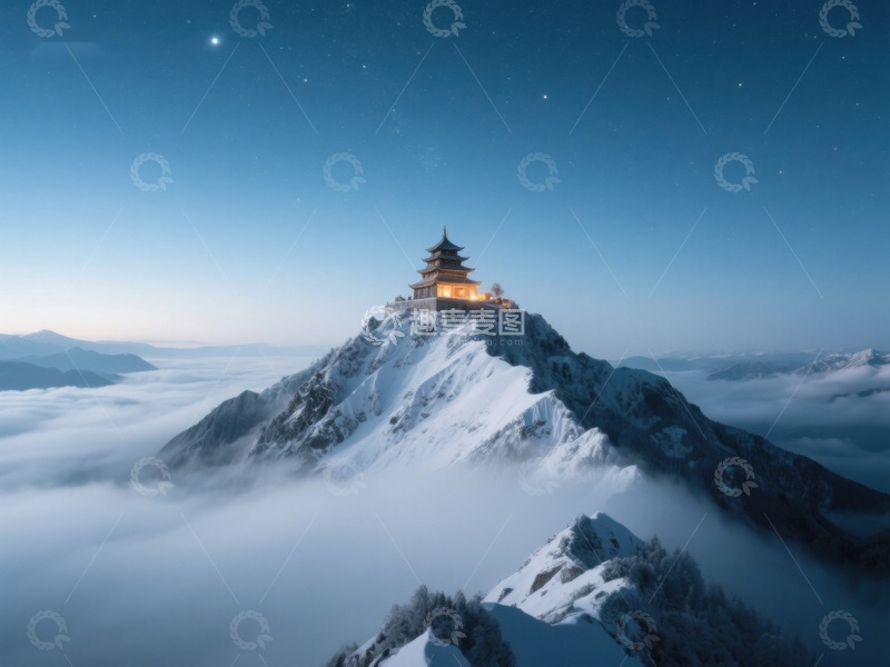 高清大图下载【趣麦麦图】夜幕下的山顶古塔