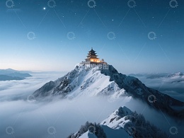 夜幕下的山顶古塔