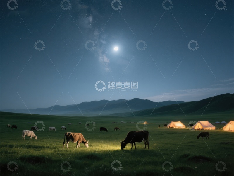 高清大图下载【趣麦麦图】月光下的草原与牛群