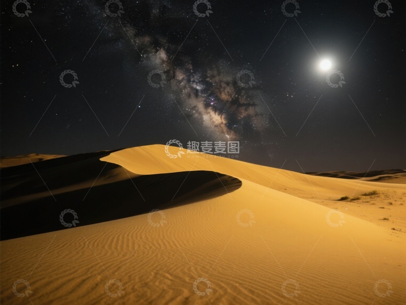 高清大图下载【趣麦麦图】沙漠夜景：银河与明月