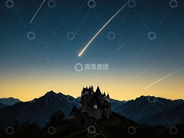流星划过夜空，古堡静立山巅