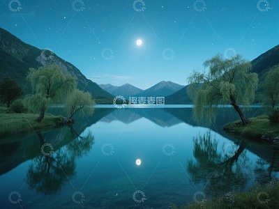 月夜湖畔，倒影如画