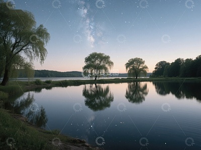 湖畔夜景，树影倒映水中