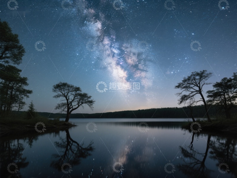 高清大图下载【趣麦麦图】银河映照湖面，夜空下的宁静美景