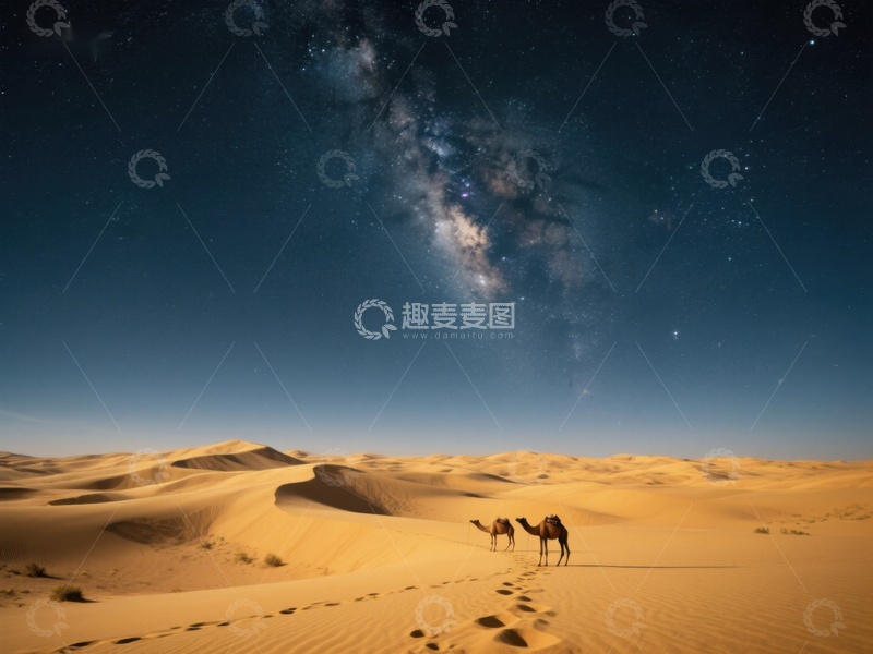 高清大图下载【趣麦麦图】沙漠夜景：骆驼与银河