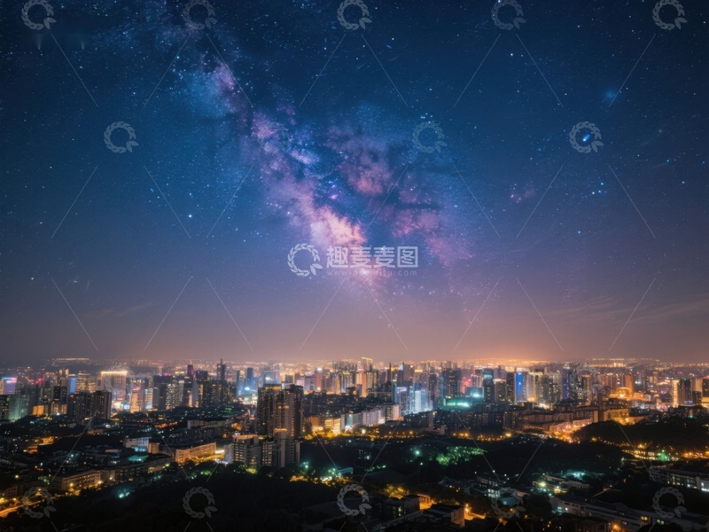 高清大图下载【趣麦麦图】夜空银河下的城市灯火