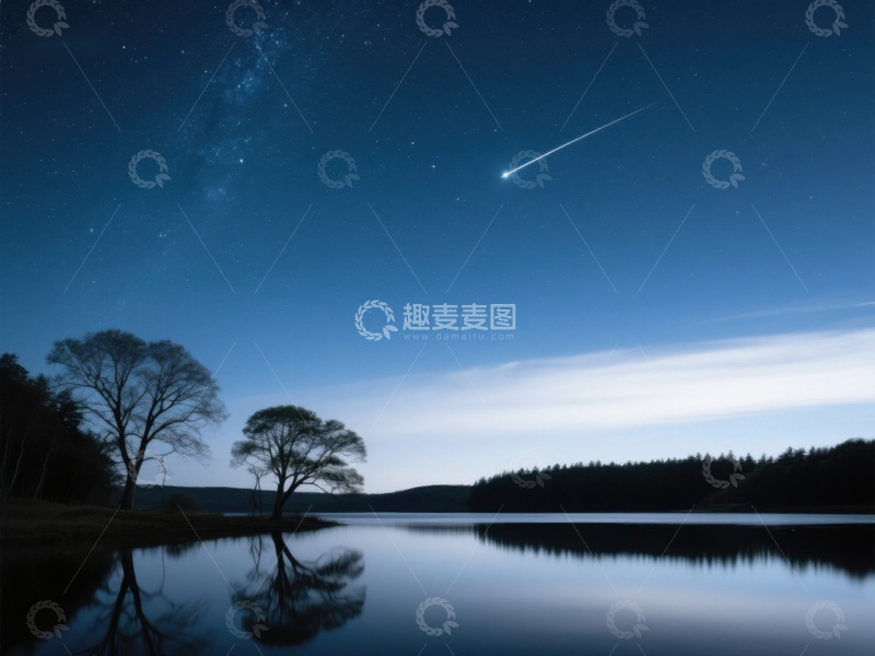 高清大图下载【趣麦麦图】夜空流星划过宁静湖面