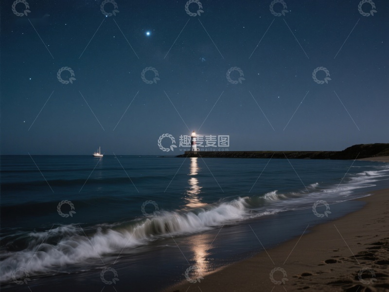 高清大图下载【趣麦麦图】夜幕下的灯塔与海浪
