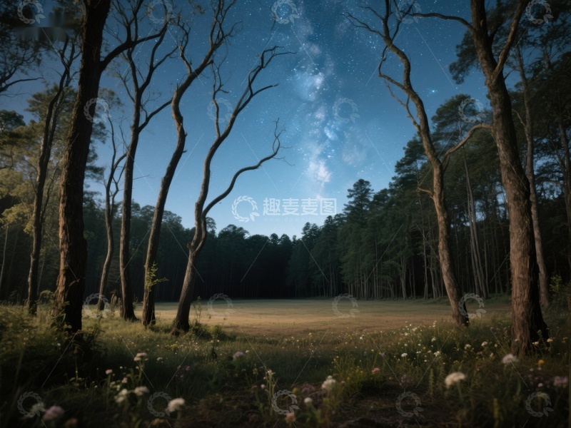 高清大图下载【趣麦麦图】夜空下的森林与银河