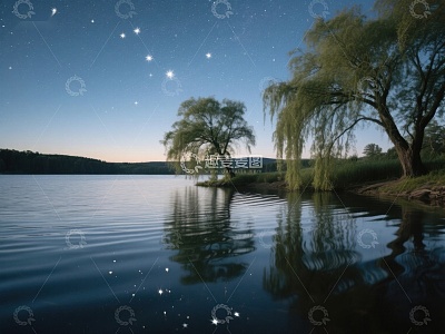 夜空下的宁静湖畔