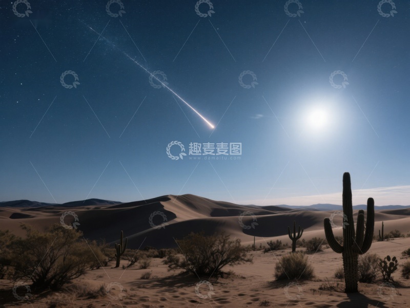 高清大图下载【趣麦麦图】沙漠夜景：流星划过星空