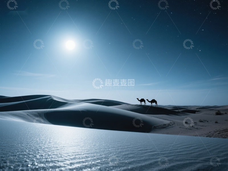 高清大图下载【趣麦麦图】月光下的沙漠骆驼剪影