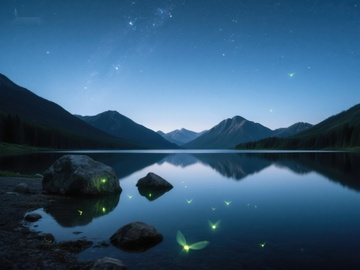 夜空下的萤火虫与湖畔山景