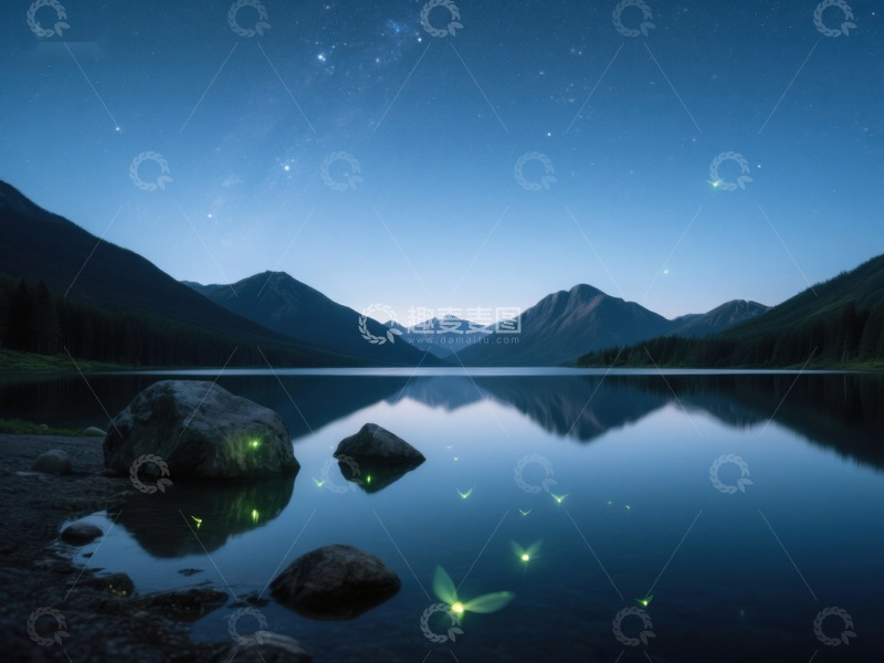 高清大图下载【趣麦麦图】夜空下的萤火虫与湖畔山景