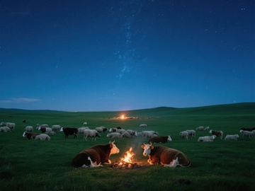 夜幕下的草原篝火与牛群