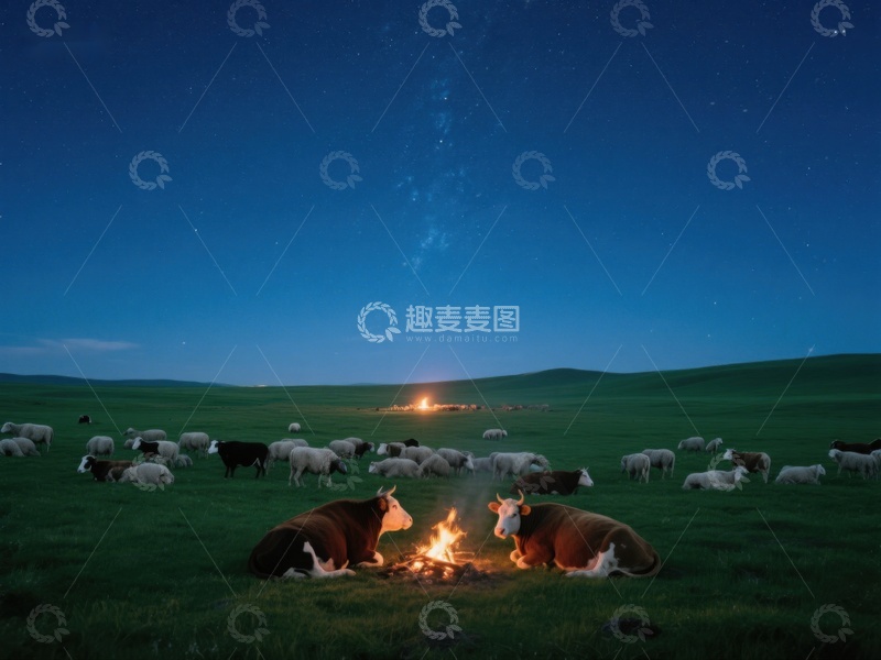 高清大图下载【趣麦麦图】夜幕下的草原篝火与牛群