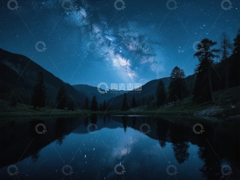 高清大图下载【趣麦麦图】夜空银河映湖面，山林静谧如梦