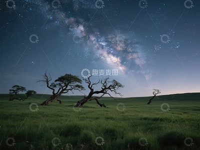 夜空下的孤树与银河